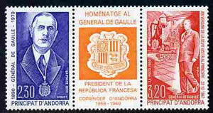 Andorra - French 1990 Birth Centenary of Charles de Gaulle se-tenant strip of 3 (2 stamps plus label) unmounted mint, SG F434a