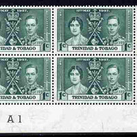 Trinidad & Tobago 1937 KG6 Coronatio 1c corner plate block of 4 (plate A1) unmounted mint (plate numbers are surprisingly scarce on the Coronation issues)