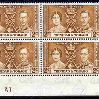 Trinidad & Tobago 1937 KG6 Coronatio 2c corner plate block of 4 (plate A1) unmounted mint (plate numbers are surprisingly scarce on the Coronation issues)