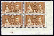Trinidad & Tobago 1937 KG6 Coronatio 2c corner plate block of 4 (plate A1) unmounted mint (plate numbers are surprisingly scarce on the Coronation issues)