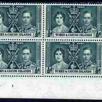 Turks & Caicos Islands 1937 KG6 Coronation 1/2d corner plate block of 4 (plate 1) unmounted mint (Coronation plate blocks are rare) SG 191