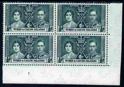 Turks & Caicos Islands 1937 KG6 Coronation 1/2d corner plate block of 4 (plate 1) unmounted mint (Coronation plate blocks are rare) SG 191
