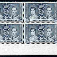 Turks & Caicos Islands 1937 KG6 Coronation 2d corner plate block of 4 (plate 1) unmounted mint (Coronation plate blocks are rare) SG 192