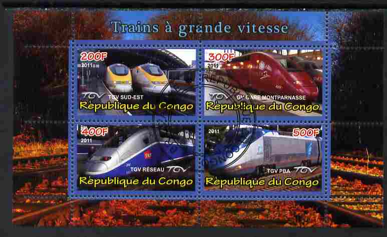 Congo 2011 High Speed Trains #1 perf sheetlet containing 4 values cto used