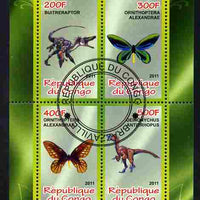 Congo 2011 Butterflies & Dinosaurs #2 perf sheetlet containing 4 values cto used