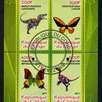 Congo 2011 Butterflies & Dinosaurs #3 perf sheetlet containing 4 values cto used
