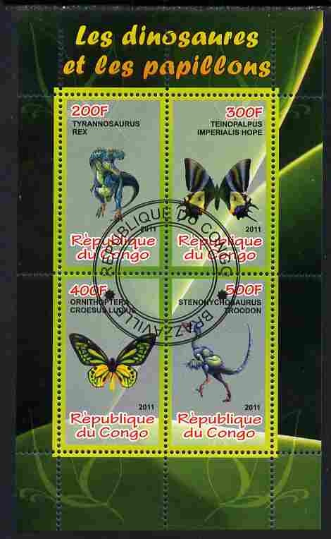 Congo 2011 Butterflies & Dinosaurs #4 perf sheetlet containing 4 values cto used