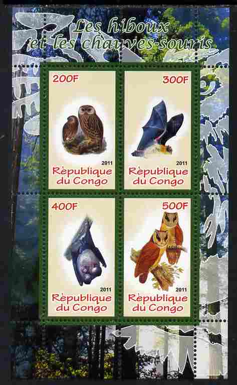 Congo 2011 Owls & Bats #2 perf sheetlet containing 4 values unmounted mint