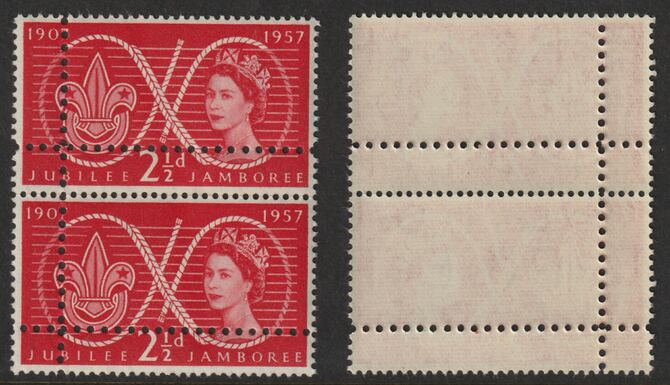 Great Britain 1957 World Scout Jamboree 2.5d unmounted mint vertical pair with perforations doubled (stamps are quartered). Note: the stamps are genuine but the additional perfs are a slightly different gauge identifying it to be a forgery.