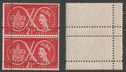 Great Britain 1957 World Scout Jamboree 2.5d unmounted mint vertical pair with perforations doubled (stamps are quartered). Note: the stamps are genuine but the additional perfs are a slightly different gauge identifying it to be a forgery.