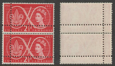 Great Britain 1957 World Scout Jamboree 2.5d unmounted mint vertical pair with perforations doubled (stamps are quartered). Note: the stamps are genuine but the additional perfs are a slightly different gauge identifying it to be a forgery.