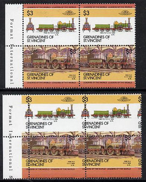 St Vincent - Grenadines 1985 Locomotives #3 (Leaders of the World) $3 Fire Fly horiz block of 4 (2 se-tenant pairs) with misplaced perfs (horiz perfs dropped by 4mm and vert perfs shifted 5mm to right) plus normal block (as SG 357a) unmounted mint