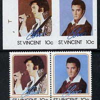St Vincent 1985 Elvis Presley (Leaders of the World) 10c imperf se-tenant reprint proof pair in 4 colours only (orange & silver omitted) plus normal perf pair (as SG 919a)
