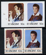St Vincent 1985 Elvis Presley (Leaders of the World) 10c imperf se-tenant reprint proof pair in 4 colours only (orange & silver omitted) plus normal perf pair (as SG 919a)