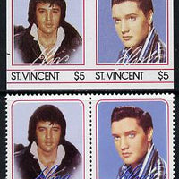 St Vincent 1985 Elvis Presley (Leaders of the World) $5 imperf se-tenant reprint proof pair in 4 colours only (deep blue & silver omitted) plus normal perf pair unmounted mint, as SG 925a
