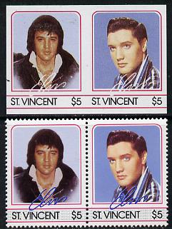 St Vincent 1985 Elvis Presley (Leaders of the World) $5 imperf se-tenant reprint proof pair in 4 colours only (deep blue & silver omitted) plus normal perf pair unmounted mint, as SG 925a