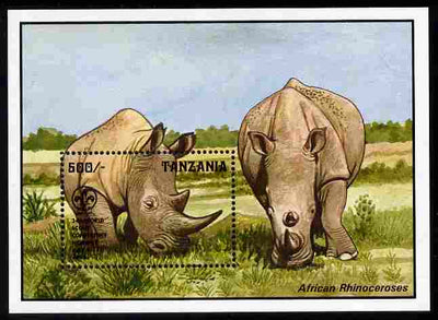 Tanzania 1996 World Scout Conference overprinted on 1993 Wildlife m/sheet (Rhino) unmounted mint