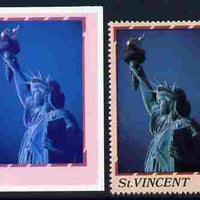 St Vincent 1986 Statue of Liberty Centenary 75c die proof in red and blue only on plastic (Cromalin) card ex archives complete with issued perf stamp as SG 1038