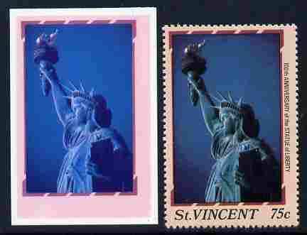 St Vincent 1986 Statue of Liberty Centenary 75c die proof in red and blue only on plastic (Cromalin) card ex archives complete with issued perf stamp as SG 1038