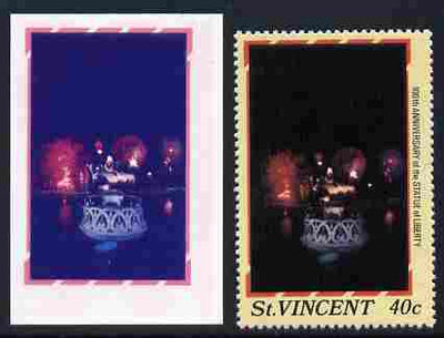 St Vincent 1986 Statue of Liberty Centenary 40c die proof in red and blue only on plastic (Cromalin) card ex archives complete with issued perf stamp as SG 1036