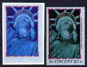 St Vincent 1986 Statue of Liberty Centenary $2.50 die proof in red and blue only on plastic (Cromalin) card ex archives complete with issued perf stamp as SG 1042