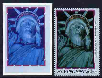 St Vincent 1986 Statue of Liberty Centenary $2.50 die proof in red and blue only on plastic (Cromalin) card ex archives complete with issued perf stamp as SG 1042