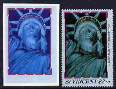 St Vincent 1986 Statue of Liberty Centenary $2.50 die proof in red and blue only on plastic (Cromalin) card ex archives complete with issued perf stamp as SG 1042
