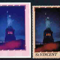 St Vincent 1986 Statue of Liberty Centenary $3.00 die proof in red and blue only on plastic (Cromalin) card ex archives complete with issued perf stamp as SG 1043