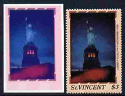 St Vincent 1986 Statue of Liberty Centenary $3.00 die proof in red and blue only on plastic (Cromalin) card ex archives complete with issued perf stamp as SG 1043
