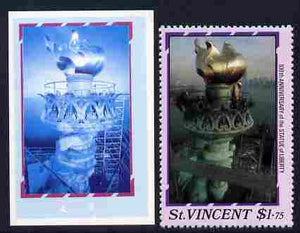 St Vincent 1986 Statue of Liberty Centenary $1.75 die proof in red and blue only on plastic (Cromalin) card ex archives complete with issued perf stamp as SG 1040