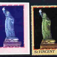 St Vincent 1986 Statue of Liberty Centenary $2.00 die proof in red and blue only on plastic (Cromalin) card ex archives complete with issued perf stamp as SG 1041
