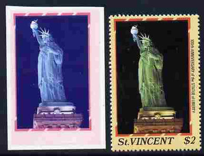 St Vincent 1986 Statue of Liberty Centenary $2.00 die proof in red and blue only on plastic (Cromalin) card ex archives complete with issued perf stamp as SG 1041