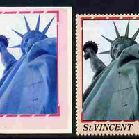 St Vincent 1986 Statue of Liberty Centenary 90c die proof in red and blue only on plastic (Cromalin) card ex archives complete with issued perf stamp as SG 1039