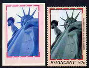 St Vincent 1986 Statue of Liberty Centenary 90c die proof in red and blue only on plastic (Cromalin) card ex archives complete with issued perf stamp as SG 1039