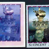 St Vincent 1986 Statue of Liberty Centenary 55c die proof in red and blue only on plastic (Cromalin) card ex archives complete with issued perf stamp as SG 1037