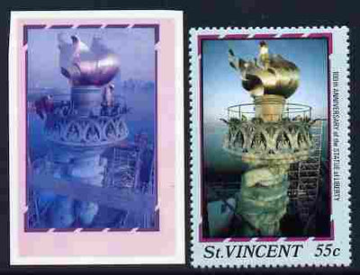 St Vincent 1986 Statue of Liberty Centenary 55c die proof in red and blue only on plastic (Cromalin) card ex archives complete with issued perf stamp as SG 1037