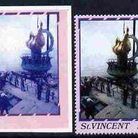 St Vincent 1986 Statue of Liberty Centenary 25c die proof in red and blue only on plastic (Cromalin) card ex archives complete with issued perf stamp as SG 1035