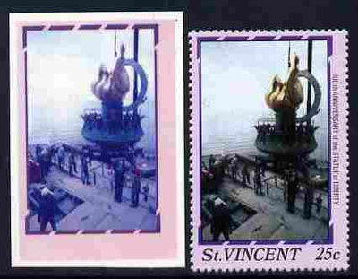 St Vincent 1986 Statue of Liberty Centenary 25c die proof in red and blue only on plastic (Cromalin) card ex archives complete with issued perf stamp as SG 1035