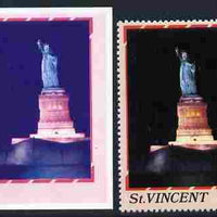 St Vincent 1986 Statue of Liberty Centenary 15c die proof in red and blue only on plastic (Cromalin) card ex archives complete with issued perf stamp as SG 1034