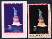 St Vincent 1986 Statue of Liberty Centenary 15c die proof in red and blue only on plastic (Cromalin) card ex archives complete with issued perf stamp as SG 1034