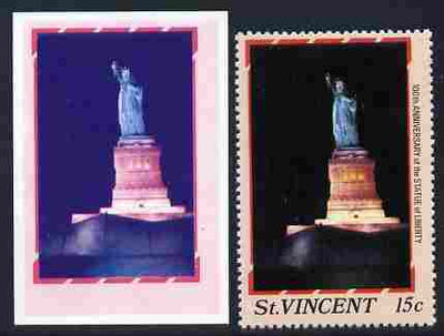 St Vincent 1986 Statue of Liberty Centenary 15c die proof in red and blue only on plastic (Cromalin) card ex archives complete with issued perf stamp as SG 1034