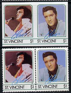 St Vincent 1985 Elvis Presley (Leaders of the World) $1 imperf se-tenant reprint proof pair in 5 colours only (silver omitted) plus normal perf pair unmounted mint, as SG 923a