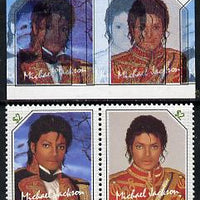 St Vincent 1985 Michael Jackson (Leaders of the World) $2 imperf se-tenant proof pair in 4 colours only - the blue & black shifted 7mm to the left (green & silver omitted) with normal perf pair (as SG 944a) unmounted mint