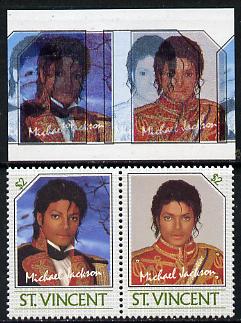 St Vincent 1985 Michael Jackson (Leaders of the World) $2 imperf se-tenant proof pair in 4 colours only - the blue & black shifted 7mm to the left (green & silver omitted) with normal perf pair (as SG 944a) unmounted mint