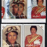 St Vincent 1985 Michael Jackson (Leaders of the World) $5 imperf se-tenant proof pair in 4 colours only - the red & yellow shifted 7mm to the right (red-brown & silver omitted) with normal perf pair (as SG 946a) unmounted mint