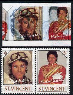 St Vincent 1985 Michael Jackson (Leaders of the World) $5 imperf se-tenant proof pair in 4 colours only - the red & yellow shifted 7mm to the right (red-brown & silver omitted) with normal perf pair (as SG 946a) unmounted mint