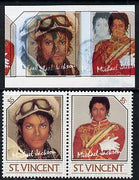 St Vincent 1985 Michael Jackson (Leaders of the World) $5 imperf se-tenant proof pair in 4 colours only - the red & yellow shifted 7mm to the right (red-brown & silver omitted) with normal perf pair (as SG 946a) unmounted mint