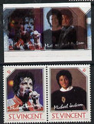 St Vincent 1985 Michael Jackson (Leaders of the World) $1 imperf se-tenant proof pair in 4 colours only - the blue & black shifted 7mm to the left (red-orange & silver omitted) with normal perf pair (as SG 942a) unmounted mint