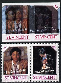 St Vincent 1985 Michael Jackson (Leaders of the World) 60c imperf se-tenant proof pair in 5 colours only - the blue & black shifted 7mm to the left (silver omitted) with normal perf pair (as SG 940a) unmounted mint