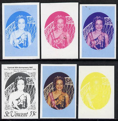 St Vincent 1987 10th Anniversary of Carnival 55c (Beauty Queen) unmounted mint set of 6 progressive proofs comprising the 4 individual colours plus 2 and 3-colour composites, As SG 1068